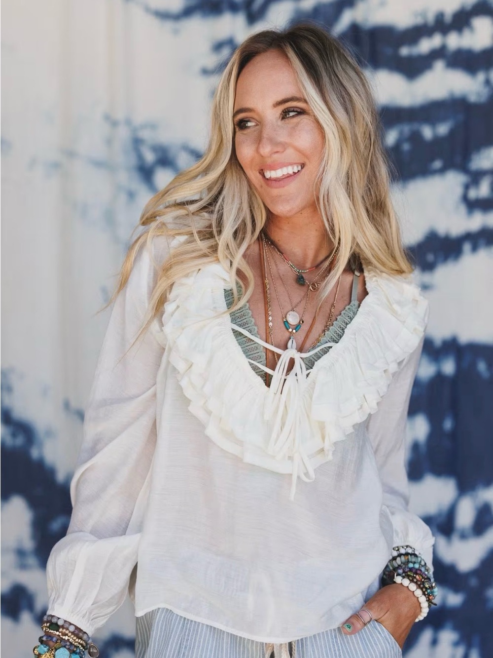NWT Three Bird Nest Alila Ruffled Blouse Medium Ivory Boho Cottagecore Top